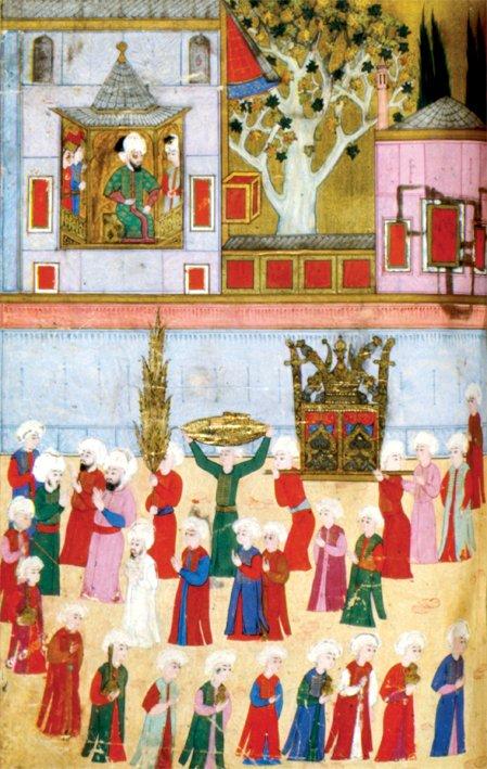 Şehzade Mehmed’in sünnet şenliğinde kuyumcu esnafının resmigeçidini gösteren minyatür (Seyyid Lokmân, Surnâme-i Hümâyun, TSMK, Hazine, nr. 1344, vr. 80a)