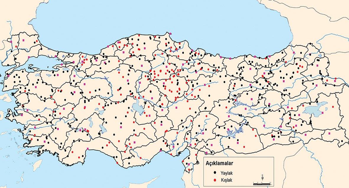 İsminin önünde veya sonunda yayla yahut kışla kelimeleri bulunan yerleşmelerin Türkiye üzerinde dağılışını gösteren harita
