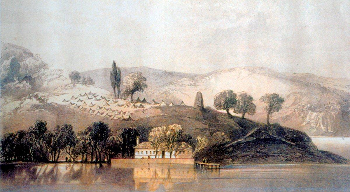Hünkâr İskelesi’nde 1833 Osmanlı-Rus ittifakı hâtırasına dikilen âbideyi gösteren,Kasım 1856’da yayımlanmış bir gravür(Muhittin Eren gravür koleksiyonu)