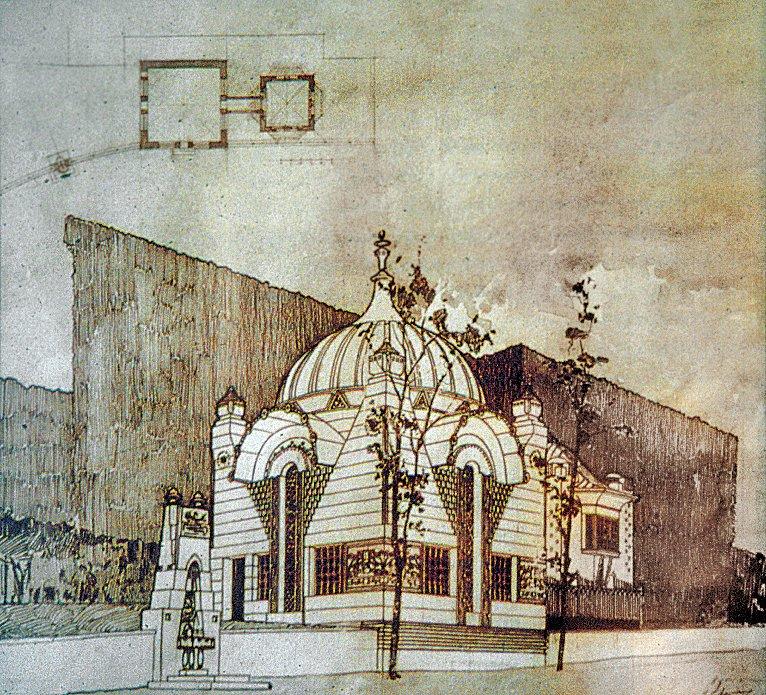 Raimondo d’Aronco’nun Şeyh Zâfir Türbesi ve Kütüphanesi’ne ait çizimlerinden biri