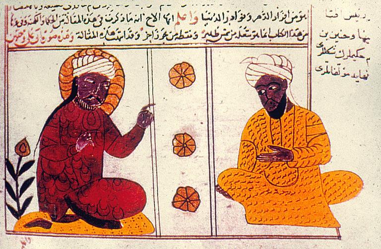 İbn Sînâ’yı Huneyn b. İshak ile gösteren minyatür (İbn Zünbül el-Mahallî, el-Ḳānûn fi’d-dünyâ, TSMK, Revan Köşkü, nr. 1638, vr. 284b)