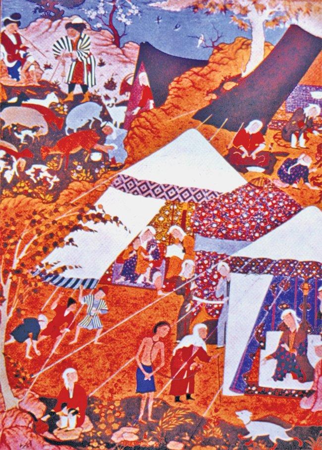 XVI. yüzyıla ait bir minyatürde topak ev ve kara çadırlar (Nizami Ganjevi Khamsa Miniatures,Bakü 1983, lv. 60)