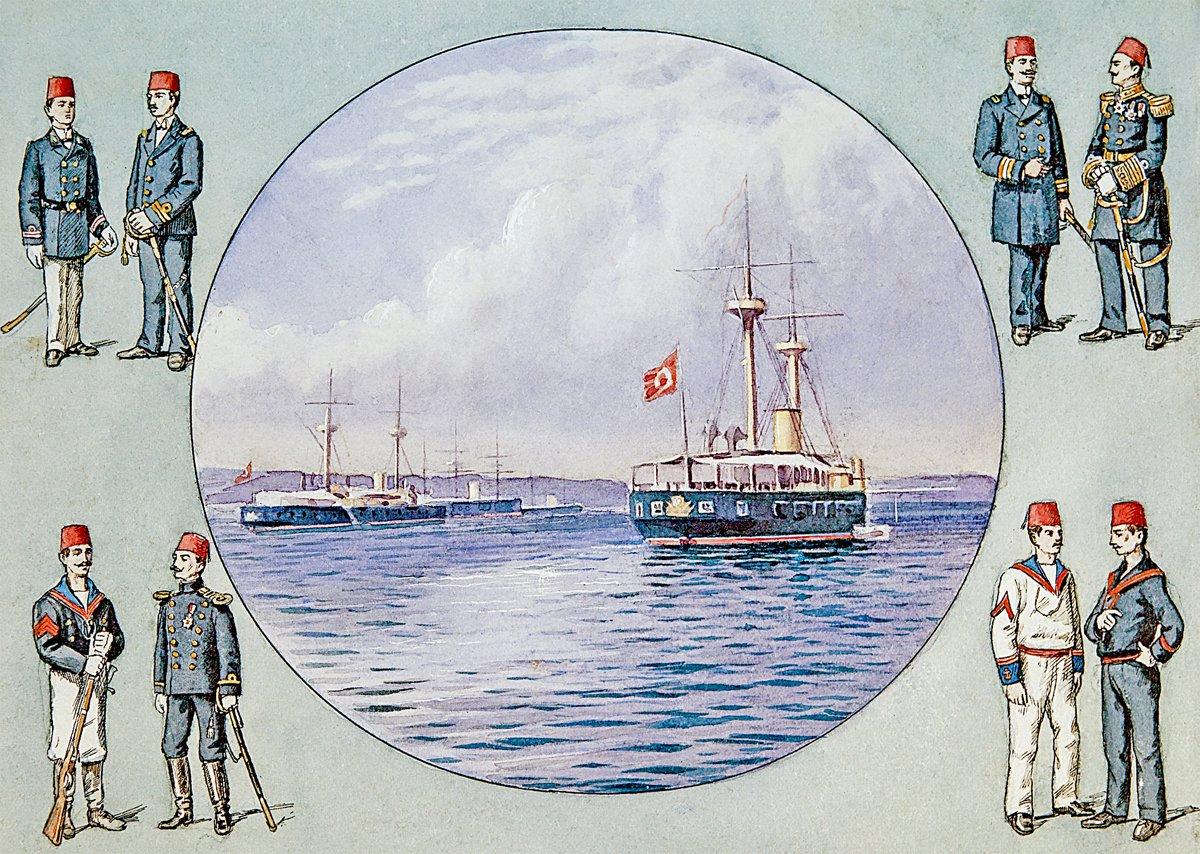 II. Abdülhamid devrinde bahriye kıyafetleri ve Nara’da yatan Osmanlı donanmasına ait iki gemi (Hasan Hüsnü Tengüz Albümü, İstanbul Deniz Müzesi, nr. 578, vr. 38a)