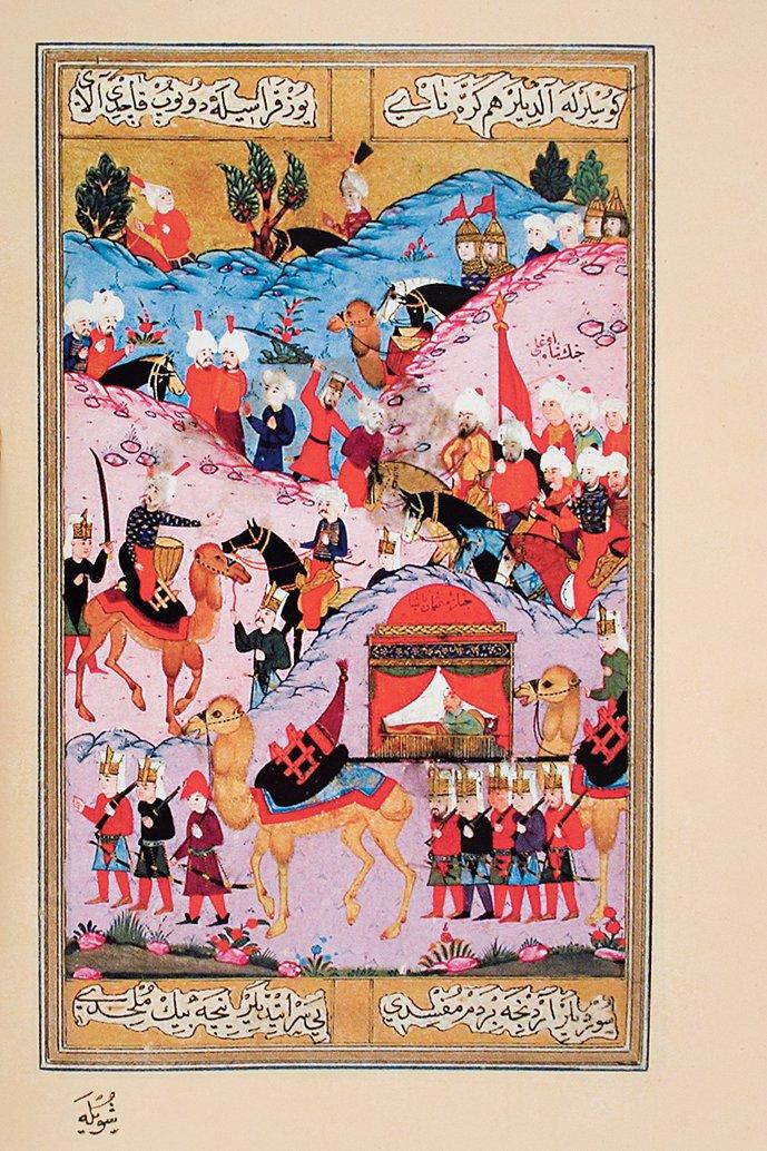 Özdemiroğlu Osman Paşa’nın ölümünün askerden gizlenerek cesedinin canlıymış gibi götürülmesini tasvir eden minyatür (Âsafî, Şecâatnâme, vr. 275b)