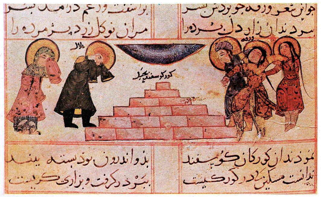 Varaḳa ve Gülşâh mesnevisinde sahte bir mezarın Gülşah’ın mezarı olarak Varaka’ya gösterilişini tasvir eden minyatür (TSMK, Hazine, nr. 841, vr. 48a)