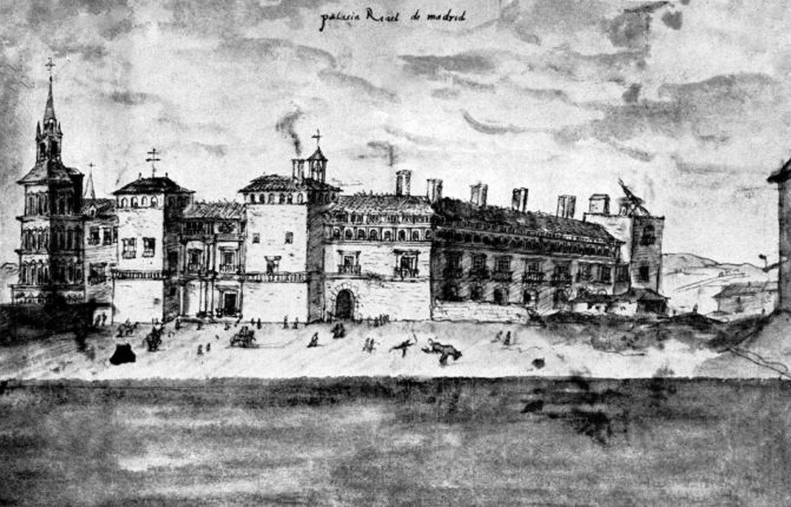 Madrid’de kraliyet sarayı haline getirilen Alkazar’ın güney cephesini gösteren 1560 yılı civarına ait gravür (Album de Wingaerde, Villes d’Espagne, Viyana Millî Ktp.)