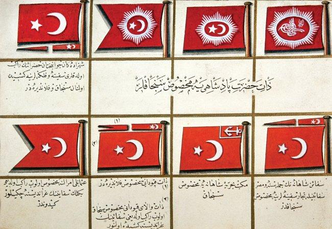 XX. yüzyıl başlarında Osmanlı padişahına, şehzadelere, amiral ile Mekteb-i Bahriyye’ye ait sancak ve bayraklar (İÜ Ktp., Albüm, nr. 90709)