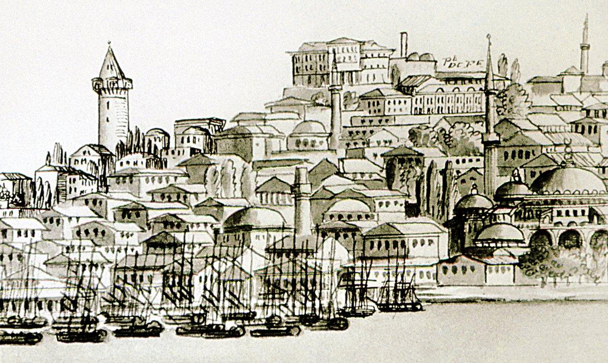 Jean Marius Féraud’nun, XIX. yüzyılın ilk yarısında çizilen İstanbul manzarasında Galata’nın görünüşü (Semavi Eyice fotoğraf arşivi)