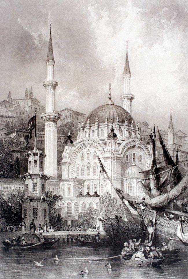 Nusretiye Camii’nin XIX. yüzyıl içinde Thomas Allom tarafından çizilen gravürü (Robert Walsh, Constantinople and the Scenery of the Seven Churches of Asia Minor, London 1838, I, lv. 40)