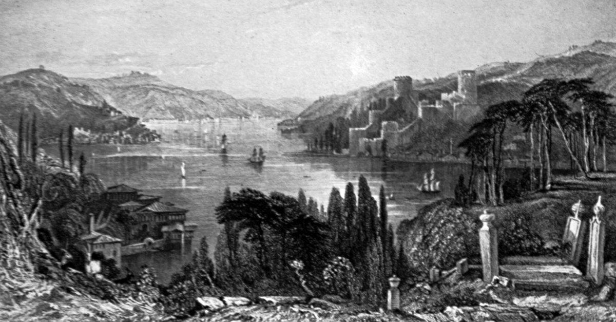 XIX. yüzyılın ilk yarısında Allom tarafından yapılan bir gravürde Boğaziçi (R. Walsh, Constantinople and the Scenery of the Seven Church of Asia Minor, London 1940, I, 9)