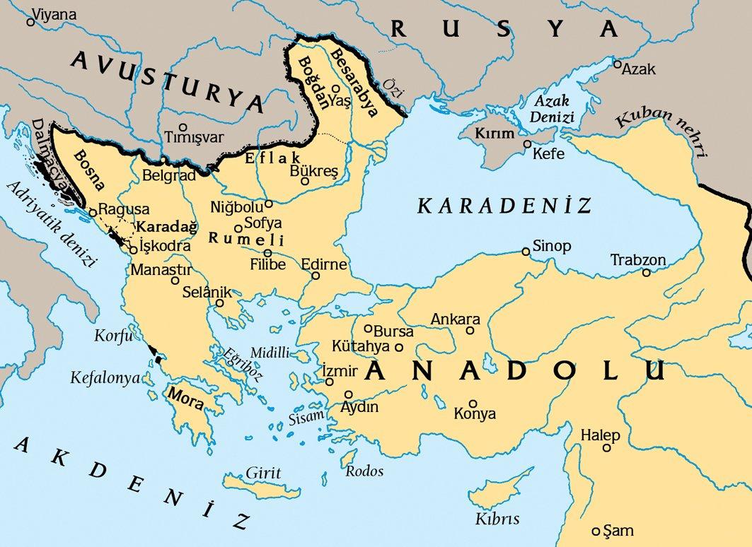 Yaş Antlaşması sonucunda belirlenen sınırları gösteren harita