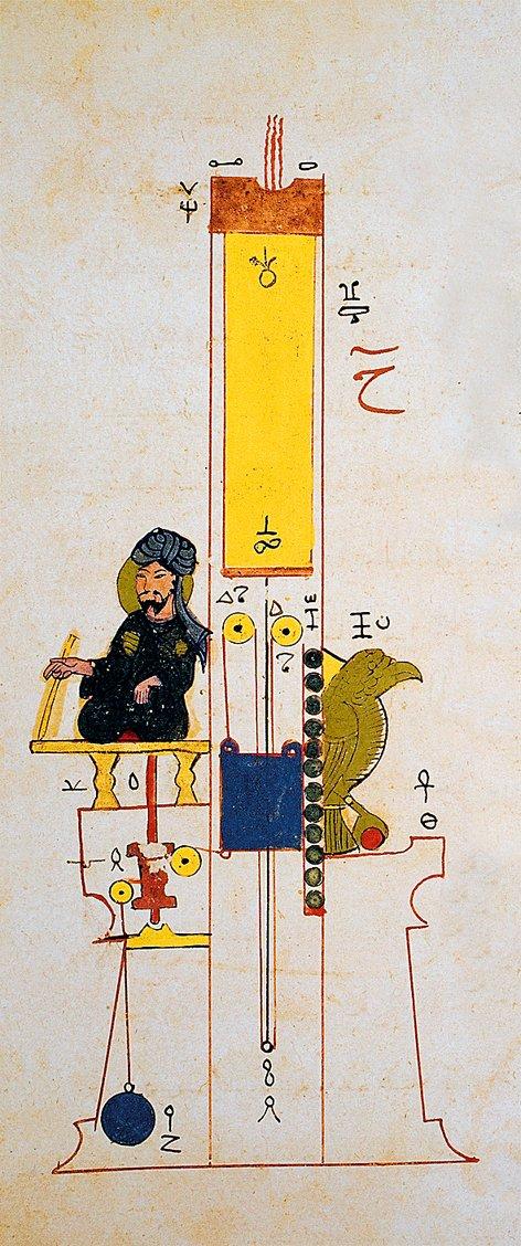 Resim: 3 Cezerî’nin Kitâb fî maʿrifeti’l-ḥiyeli’l-hendesiyye adlı eserinde ele alınan yazıcılı mum saatini gösteren minyatür