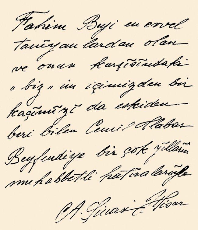 Abdülhak Şinasi Hisar’ın, Fahim Bey ve Biz’i eski dostu Cemil Tlabar’a bir yönüyle açıklayıcı bir ithafı (Ömer Faruk Akün arşivi)