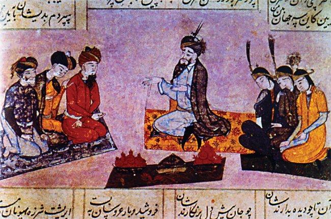 Ferîdun’u oğulları ve gelinleriyle birlikte gösteren bir minyatür (Oriental Miniatures, Taşkent 1990, rs. 44)