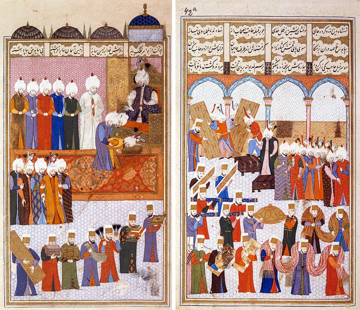 İran elçisi Tokmak Han’ın Dîvân-ı Hümâyun’a gelip huzura kabulü ve şahın gönderdiği hediyeleri takdimi (Şehinşâhnâme, İÜ Ktp., FY,nr. 1404, vr. 41b-42a)