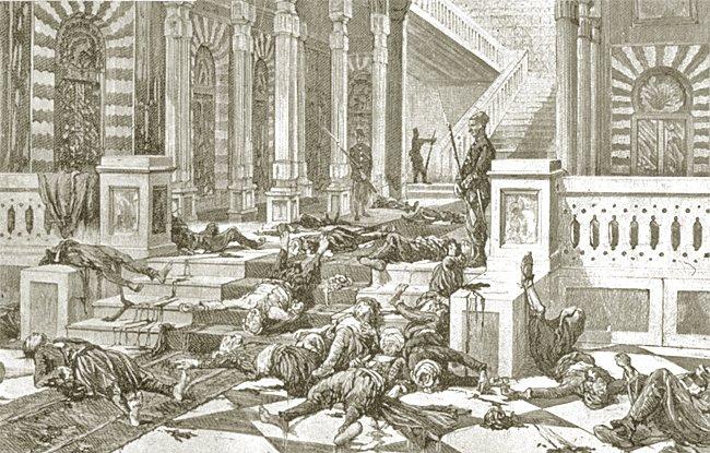 Çırağan Vak‘ası’nın bastırılmasından sonra öldürülen âsileri gösteren bir resim (Illustration Journal Universal, Paris 20 Mayıs 1878)