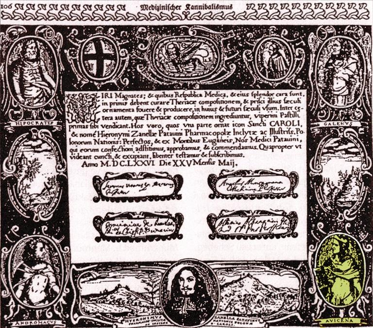 Üzerinde Hipokrat, Câlînûs ve Mitridatikum’un terkibini tekrar tesbit eden Andramachus’tan başka İbn Sînâ’nın da resmi bulunan, Polonyalı hekim Hieronymi Zanellae Patavinus’un tiryak terkibine dair diploma (Nürnberg Germanisches Nationalmuseum)