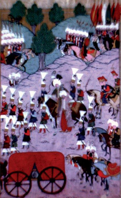 Kanûnî’nin naaşını taşıyan arabayıtasvir eden bir minyatür(Hünernâme, TSMK, Hazine, nr. 1524, vr. 276b)