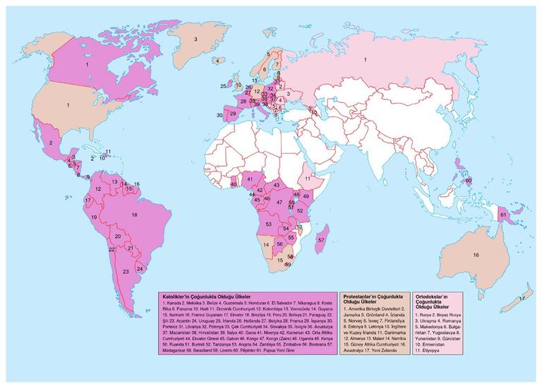 Günümüz dünyasında hıristiyan nüfusun dağılımı (haritadaki bilgiler için bk. D. B. Barrett, World Christian Encyclopedia, New York 1982; J. O’Brien – M. Palmer, Atlas des religions dans Le Monde, Paris 1994)