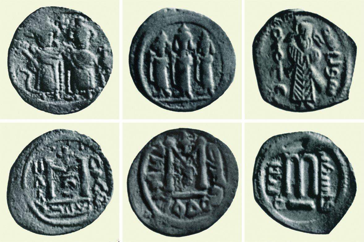 Ba‘lebek’te ve Taberiye’de darbedilen taklit felslerle milâdî 670 yılına doğru basılan halife tasvirli fels (Longuet, Introduction à la numismatique byzantine, London 1961, şekil 325, 326, 327)