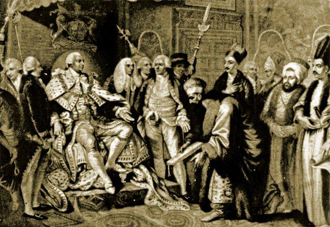 Yûsuf Âgâh Efendi’nin İngiltere Kralı III. Georges tarafından kabulünü tasvir eden bir gravür (F. Reşit Unat, Osmanlı Sefirleri ve Sefâretnâmeleri, lv. XXI)