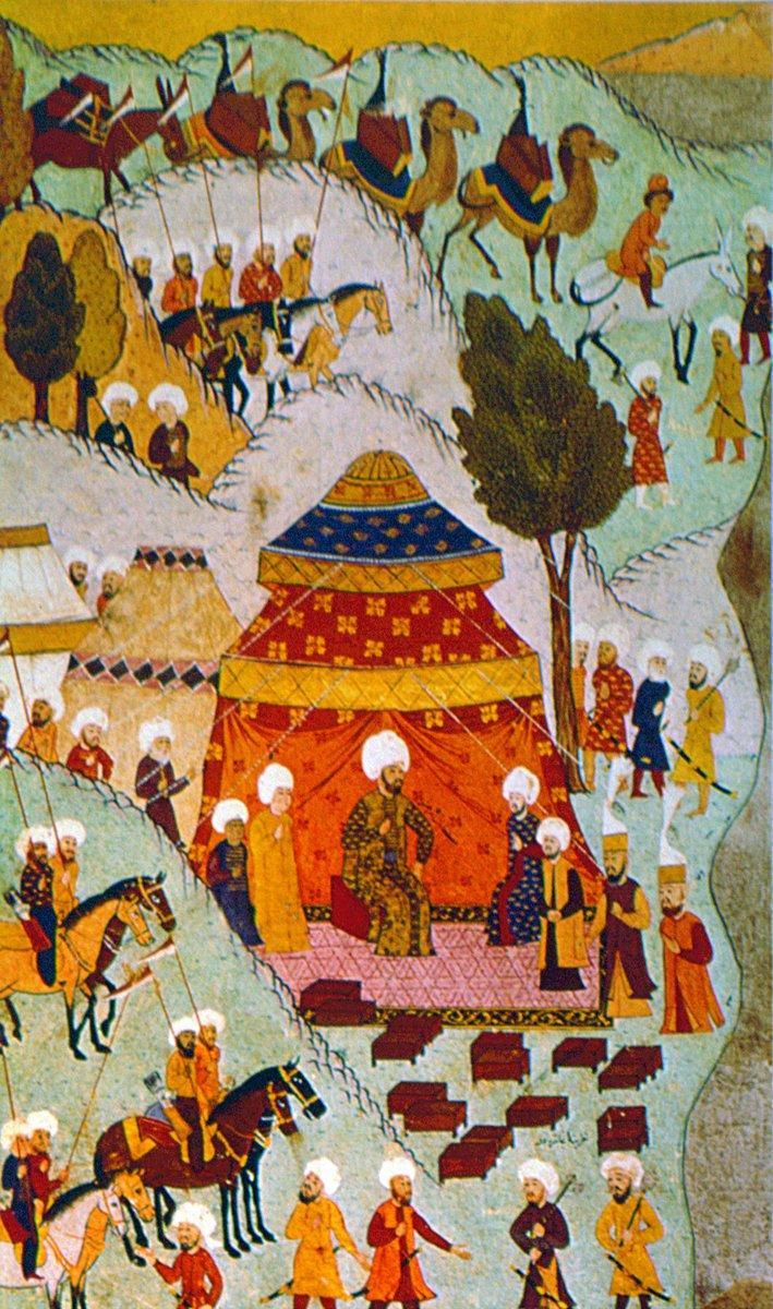 Orduya malzeme taşıyan deve kervanını gösteren bir minyatür (Nusretnâme, TSMK, Hazine, nr. 1365)