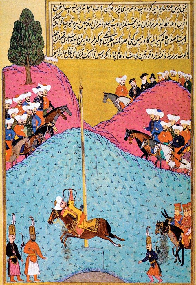 II. Murad’ı sırığın ucundaki hedefe ok atarken gösteren minyatür (Hünernâme, I, TSMK, Hazine, nr. 1523, vr. 138b)