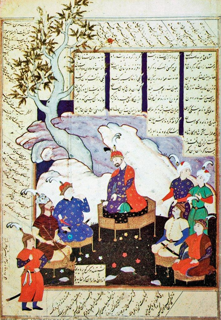 Siyâvuş Bey’in, Rüstem ve babası Zâl’i Keyhusrev’in huzurunda gösteren bir minyatürü (New York Metropolitan Museum of Art, nr. 35.48)