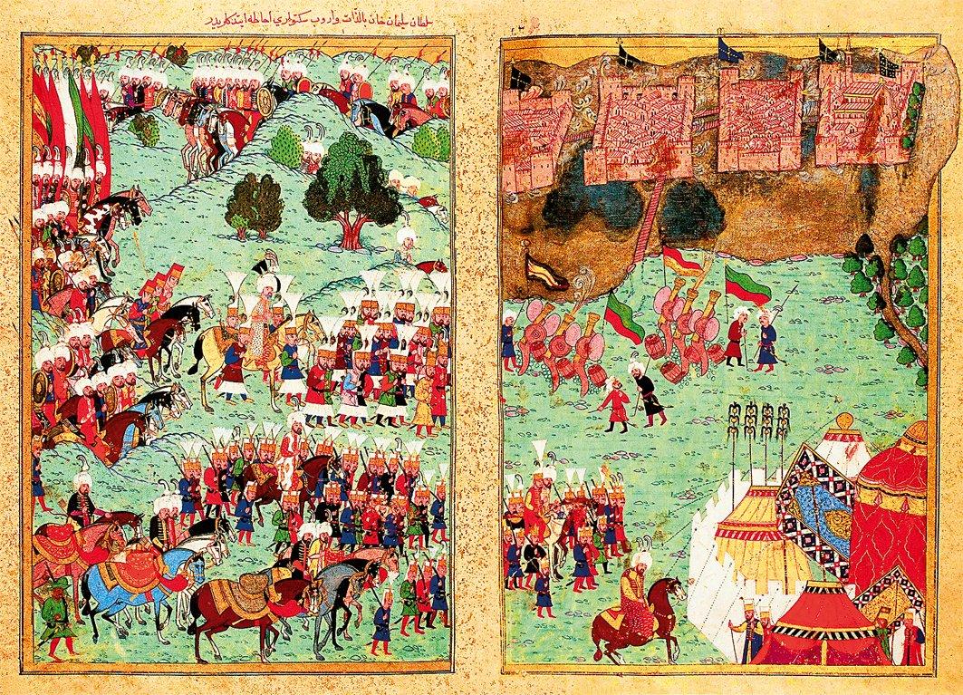 Osmanlı ordusunu Sigetvar Kalesi’nin önünde gösteren minyatür (Lokmân b. Hüseyin, Hünernâme, TSMK, Hazine, nr. 1524, II, vr. 277b-278a)