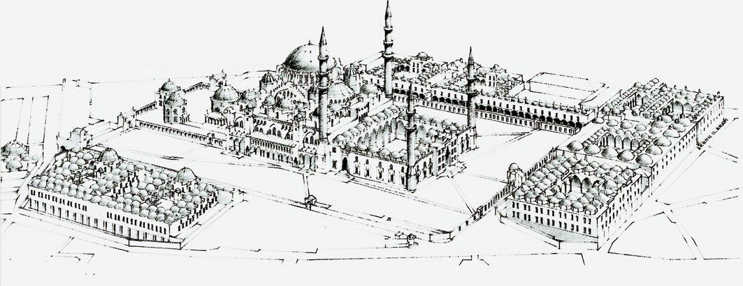İslâm ilimleri başta olmak üzere tıp da dahil çeşitli bilimlerin Osmanlı İmparatorluğu’nda en yüksek seviyede öğretildiği Süleymaniye medreselerinin, İstanbul şehir siluetine son noktayı koyan XVI. yüzyıldaki aksonometrik çizimi (Gülru Necipoğlu, The Age of Sinan, New York 2005, şekil 168)