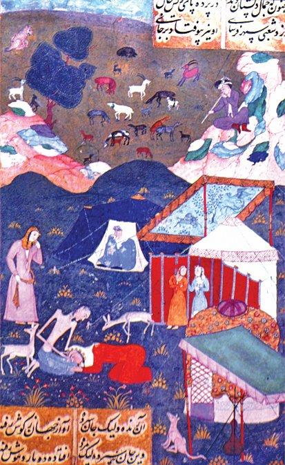 XVII. yüzyıla ait bir minyatürde kapıları açılmış topak ev ve sâyebanlar (Nizami Ganjevi Khamsa Miniatures, Bakü 1983, lv. 78)