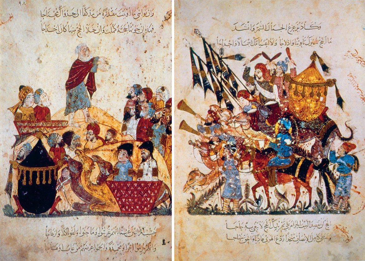 Harîrî’nin el-Maḳāmât adlı eserinde hac kervanını gösteren minyatürlü iki sayfa (Bibliothèque Nationale, MS, Arabe, nr. 5847, vr. 94a, 95a)