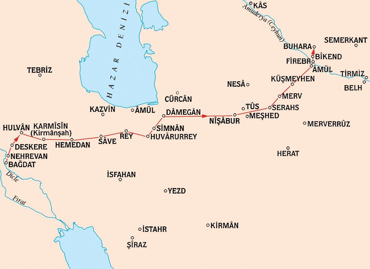 İbn Fadlân’ın Bağdat’tan Buhara’ya kadar seyahat güzergâhı