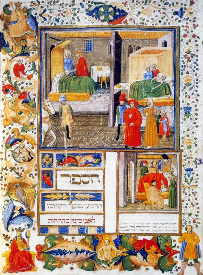 İbn Sînâ’nın el-Ḳānûn fi’ṭ-ṭıb adlı eserinin İbrânîce tercümesinden minyatürlü bir sayfa (Biblioteca Universitaria di Bologna, Cod. nr. 2197, vr. 402a)