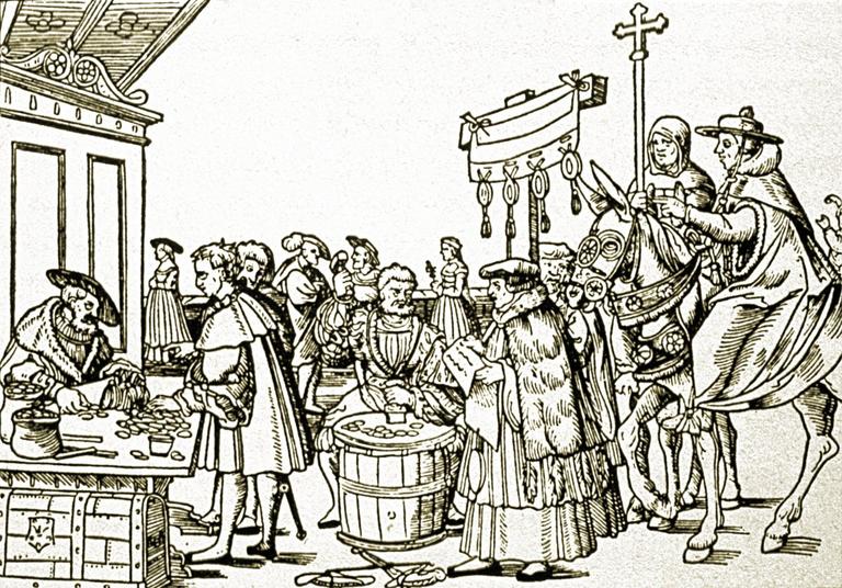 Günah çıkarmanın maddî menfaat sağlama haline getirildiğini gösteren bir tablo (R. Friedenthal, Luther: Sein Leben und Seine Zeit, München 1974, s. 169)