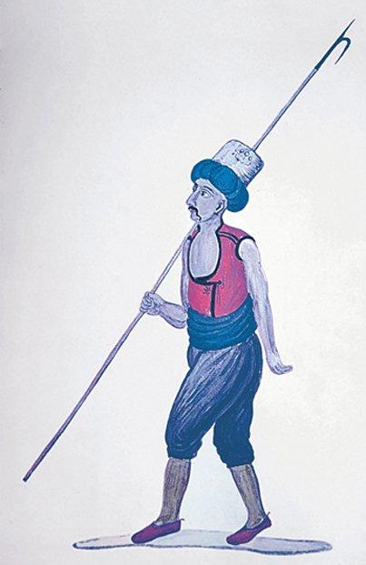 XVIII. yüzyıla ait bir kıyafet albümünde tulumbacı eri (T. Klaus, Türkische Gewänder und Osmanische Gesellschaft im Achtzehnten Jahrhundert,Graz 1966, lv. 104)