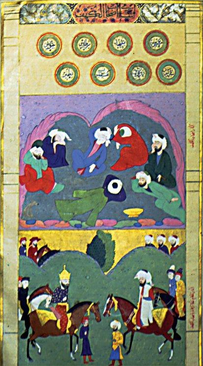 Ashâb-ı Kehf ve onları arayanları gösterenbir minyatür (Zübdetü’t-tevârîh, TSMK, Hazine,nr. 1321, vr. 147b)