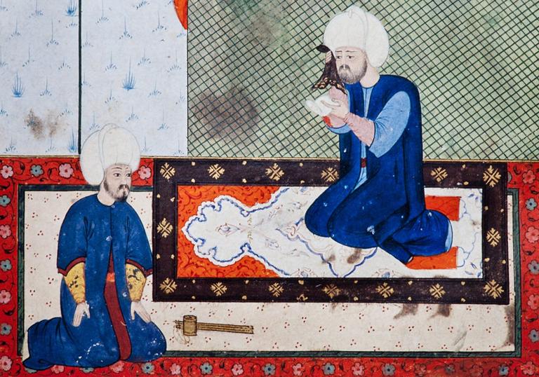 Sokullu Mehmed Paşa’nın Kanûnî Sultan Süleyman’ın ölümü üzerine matem tutmasını tasvir eden bir minyatür (Feridun Ahmed Bey, Nüzhetü’l-esrâri’l-ahbâr der Sefer-i Zigetvar, TSMK, Hazine, nr. 1339, vr. 41a’dan detay)