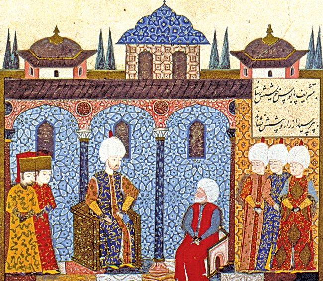Barbaros Hayreddin Paşa’yı Kanûnî’nin huzurunda gösteren bir minyatür (Süleymannâme, TSMK, Hazine, nr. 1517, vr. 360a)