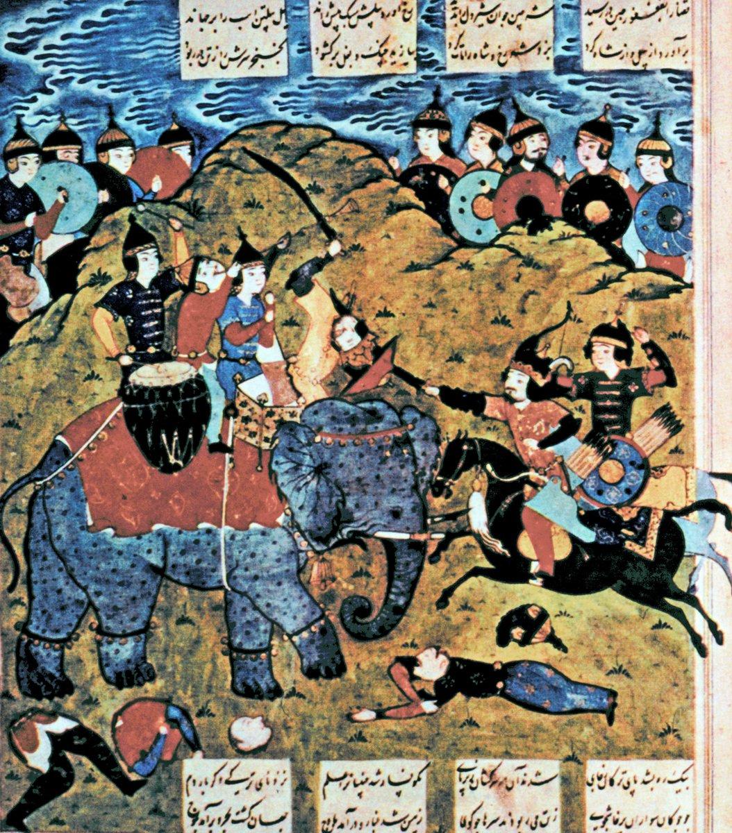 Fil üstünde yapılan savaşı tasvir eden bir minyatür (P. Bamborough, Treasures of Islam,London 1976, s. 30)