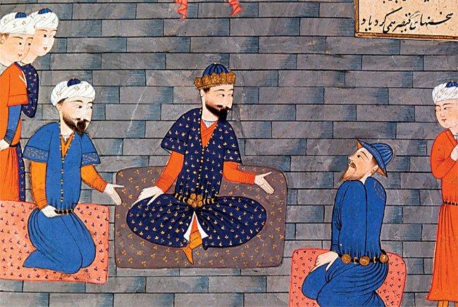 İran şahının Rum elçisini kabulünü gösterenbir minyatür (Firdevsî, Şâhnâme, İÜ Ktp.,FY, nr. 1406, vr. 231b)