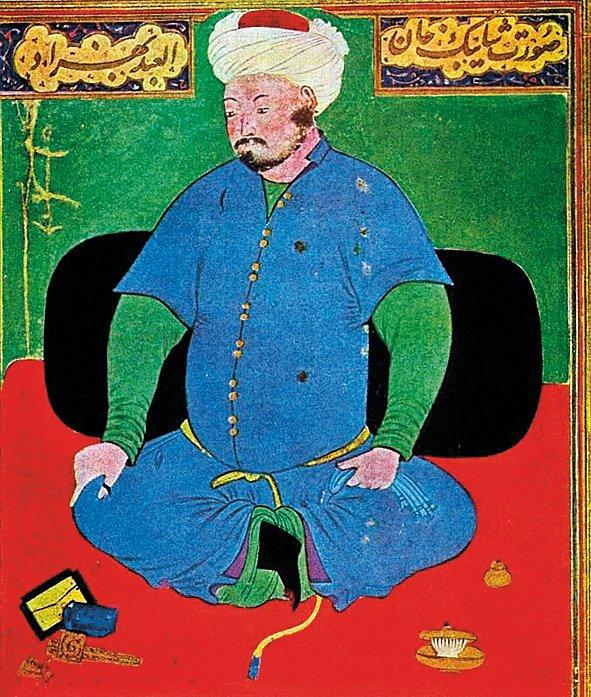 Şeybânî Han’ı tahtında tasvir eden XVI. yüzyılın başlarında Bihzâd tarafından yapılmış minyatür (Taşkent Özbekistan Sanat Akademisi)