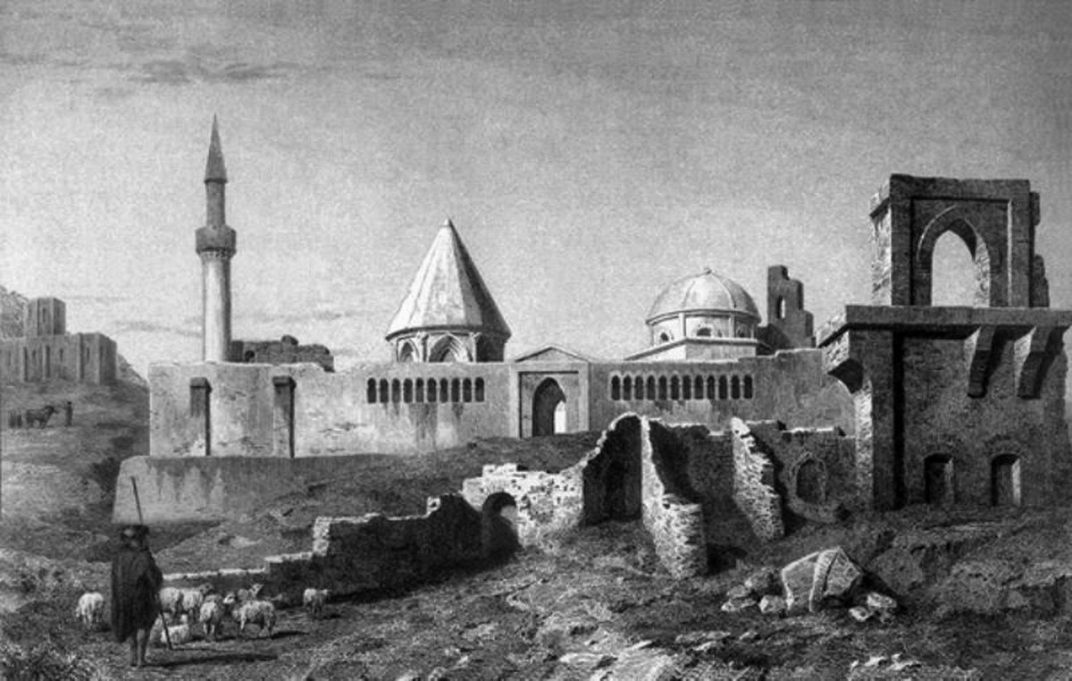Alâeddin Köşkü kalıntılarını ve Alâeddin Camii’ni gösteren gravür (Ch. Texier, Description de l’Asie Mineure, Paris 1839-1849, s. 100)
