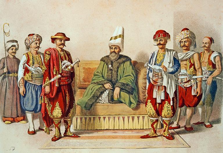 Kapudan paşayı denizcilerle birlikte gösteren bir resim (Mahmud Şevket Paşa, Osmanlı Teşkilât ve Kıyâfet-i Askeriyyesi, İÜ Ktp., TY, nr. 9391)