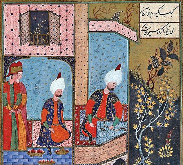 Mustafa Çelebi’yi Kanûnî Sultan Süleyman ile sohbet ederken gösteren bir minyatür(Ârifî Çelebi, Süleymannâme, TSMK, Hazine, nr. 1517, vr. 477b’den detay)