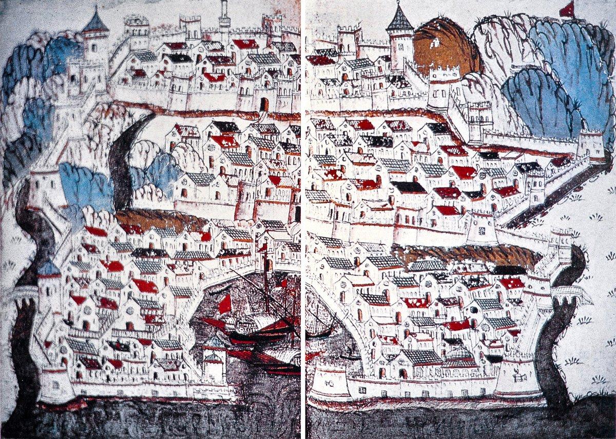 Matrakçı Nasuh’un Târîh-i Sultân Bâyezid adlı eserinde İnebahtı Kalesi’nin tasvir edildiği sayfalar (TSMK, Revan Köşkü, nr. 1272, vr. 21b-22a)