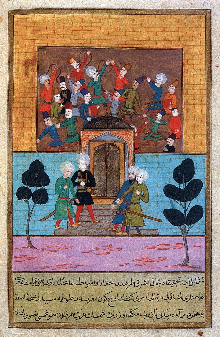 Ye’cûc ve Me’cûc’ü Sedd-i İskender’in ardında tasvir eden minyatür (Terceme-i Cifrü’l-câmi‘, İÜ Ktp., TY, nr. 6624, vr. 101b)