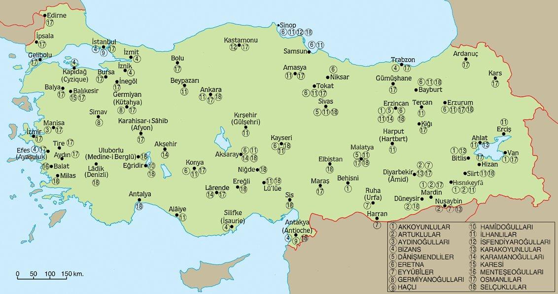 Anadolu’da çeşitli devletlere ait bazı önemli darphâneleri gösteren harita (haz. Halil Sahillioğlu)