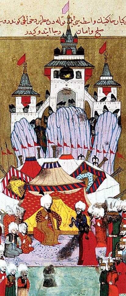 XVI. yüzyılda Yemen Valisi Sinan Paşa’nın elçi kabulünü tasvir eden bir minyatür (Mustafa Rumûzî, Târîh-i Feth-i Yemen, İÜ Ktp., TY, nr. 6045, vr. 527a)