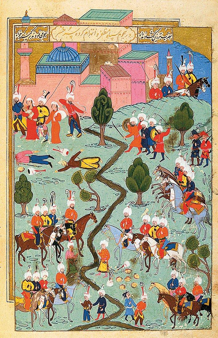 Hüseyin Paşa’nın Şehrizor’u zaptını tasvir eden bir minyatür (Seyyid Lokmân b. Hüseyin, Şehinşâhnâme, İÜ Ktp., FY, nr. 1404, vr. 102b)